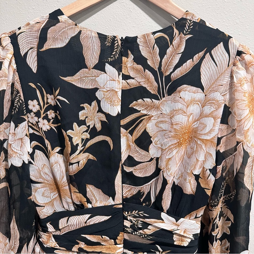 SHEIKE Plunging Neck Sheer Long Sleeve Brown Black Floral Tropical Mini Dress - Picture 9 of 15
